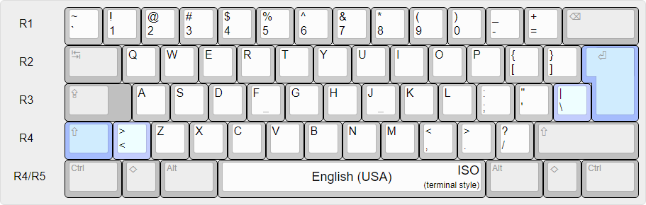English (USA) national layout over an ISO physical layout, terminal style.