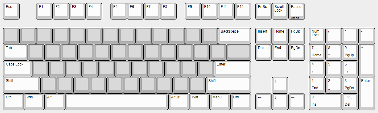 Full-size ANSI keyboard with all non-alphas assignments.