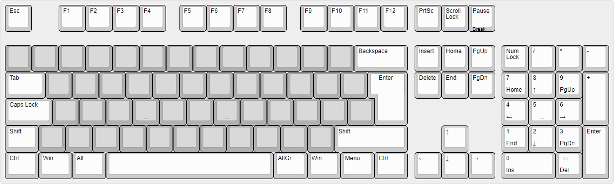 Full-size ISO keyboard with all non-alphas assignments.