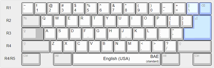 English (USA) national layout over a common BAE physical layout.