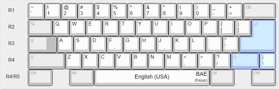 English (USA) national layout over a (Focus variant) BAE physical layout.