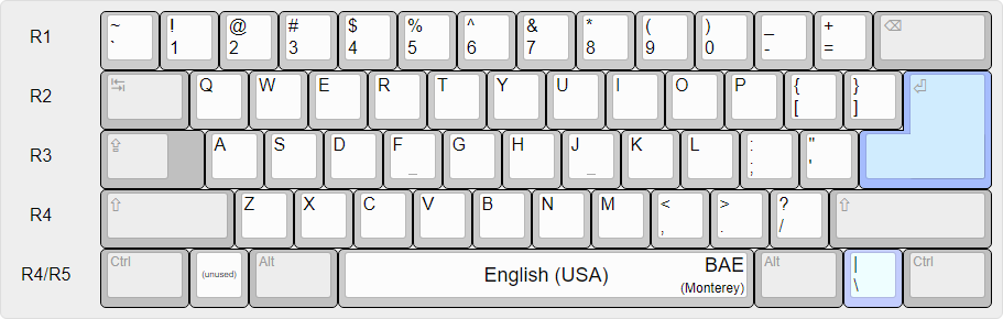 English (USA) national layout over a (Monterey variant) BAE physical layout.