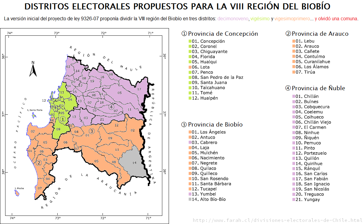 [Distritos electorales propuestos inicialmente para la VIII región del Biobío.]